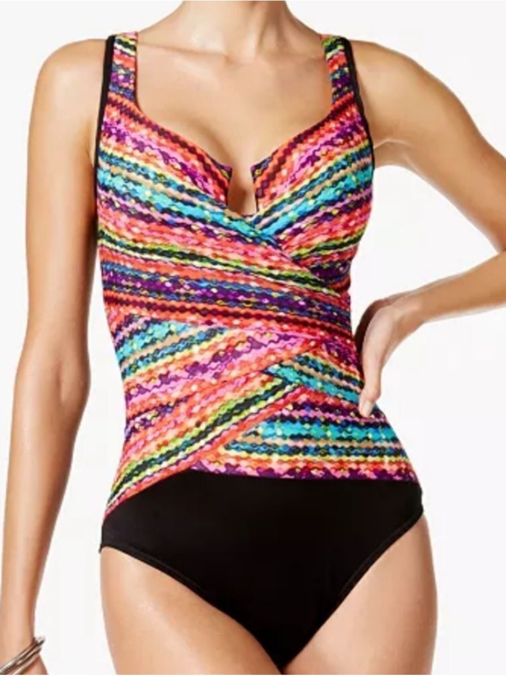 Miraclesuit size 14 xl escape slimming Striped One-Piece Swimsuit Black Panel